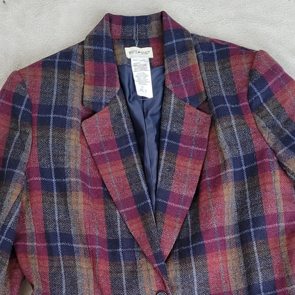 Plaid Wool Blazer Burgundy Navy Vintage Tartan Jacket 12 - Picture 2 of 6